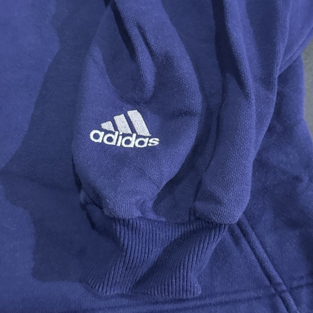 Vintage 90s Adidas Navy Blue Fleece Hoodie Three Stripes Size Medium Y2K - Picture 3 of 8